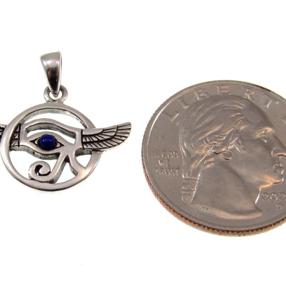Solid 925 Sterling Silver Eye of Horus Falcon Wings Pendant With Lapis Lazuli - Picture 2 of 5
